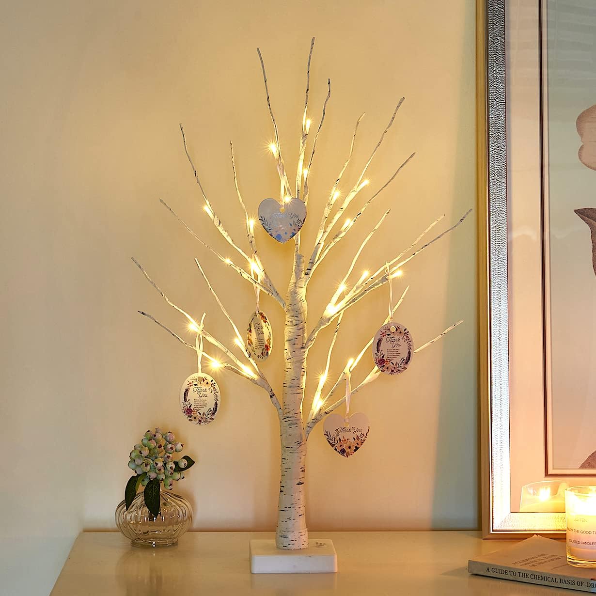 Vanthylit 2FT Pre-lit Gift Birch Tree Light Battery Powered Tabletop Tree with 24LT Warm White Lights for Easter Valentine Home Decoration(Incluede 8pcs Cards)