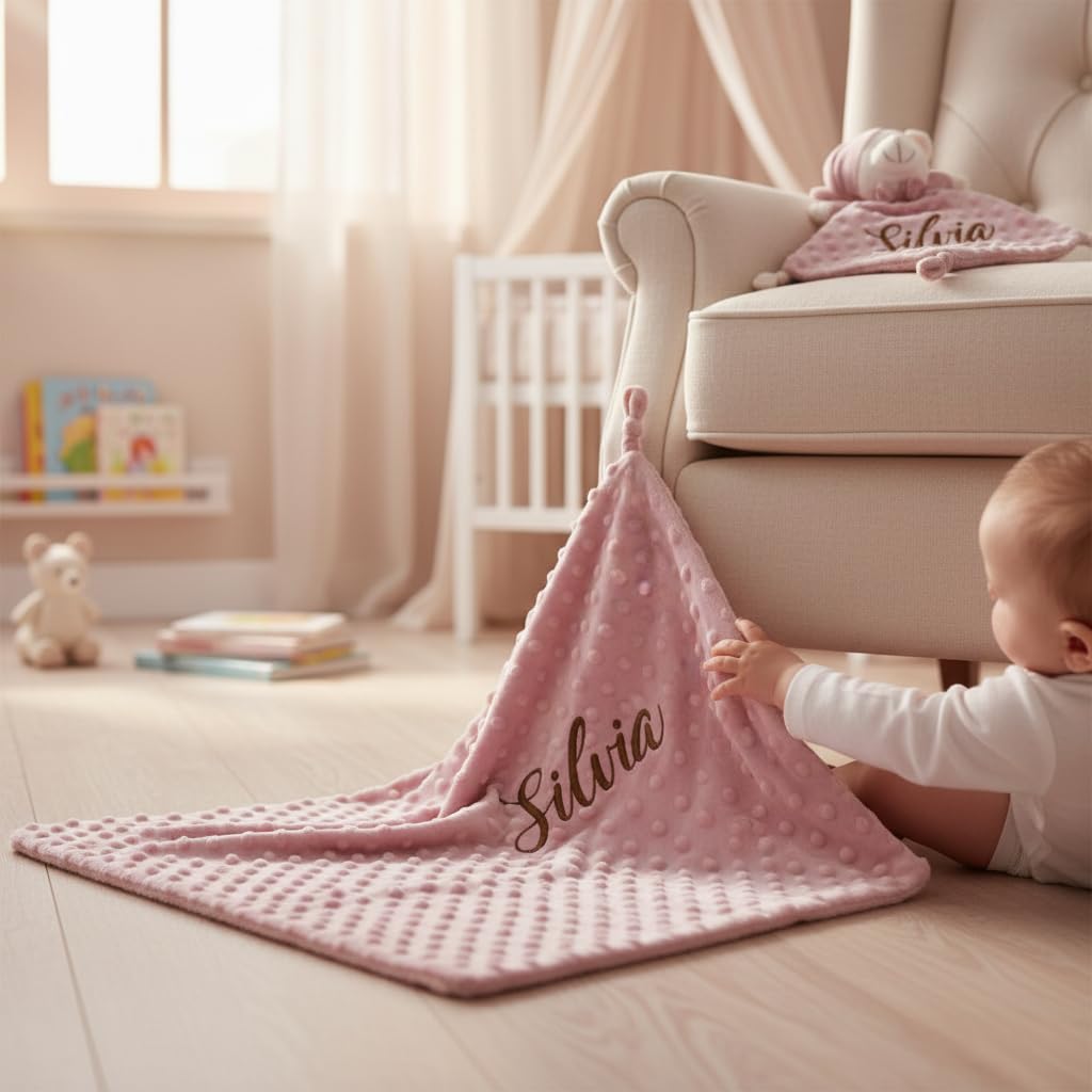 various Set Personalizada Manta + Dou Dou Bordado Bebe Recien Nacido Padres Primerizos Manta Suave Minky Poliester Cuna Coche Nina Nino Nombre Bordado Detalle Tierno Color Maquillaje - 5