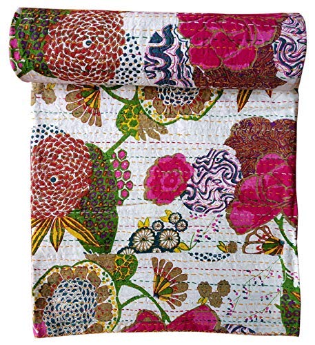 Jaipuri Quilt Handmade Bed Cover Cotton Kantha Blanket Throw Home Decor Bedspread Bedsheet, Twin Size, Multicolour