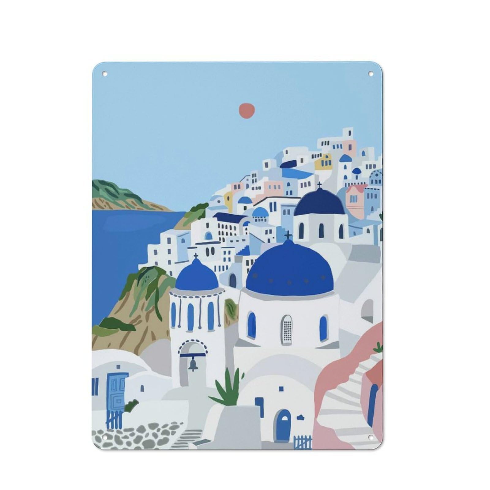 Junmoney Style-3 Retro Metal Wall Sign 40X30cm Featuring Santorini Greece Illustration For Pub Or Café, For Garage, Workshop And Man Cave Decoration