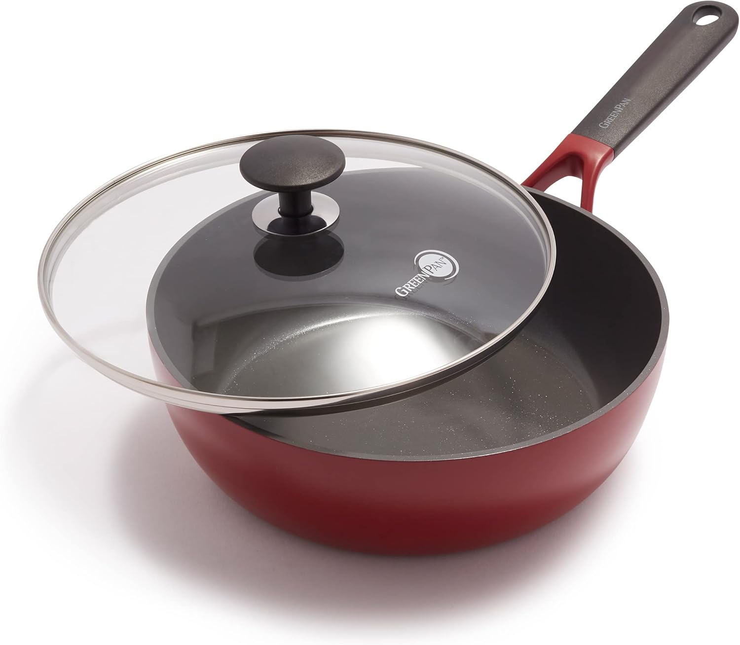 GreenPan SmartShape Healthy Ceramic Nonstick 3QT Saute Pan with Lid, PFAS-Free, Dishwasher Safe, Red