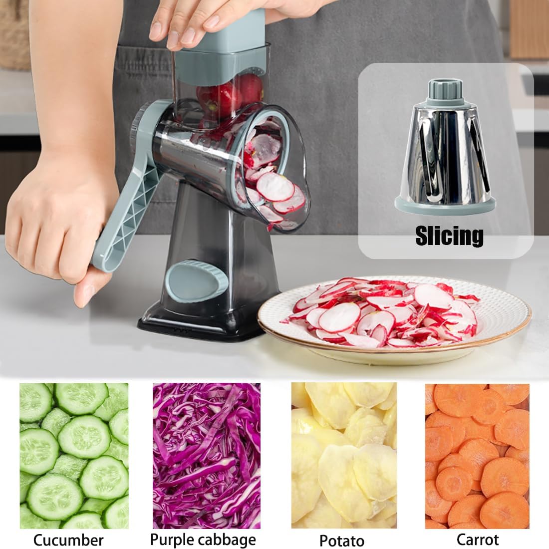 Rotary Cheese Grater Shredder with Handle Handheld Round Mandoline