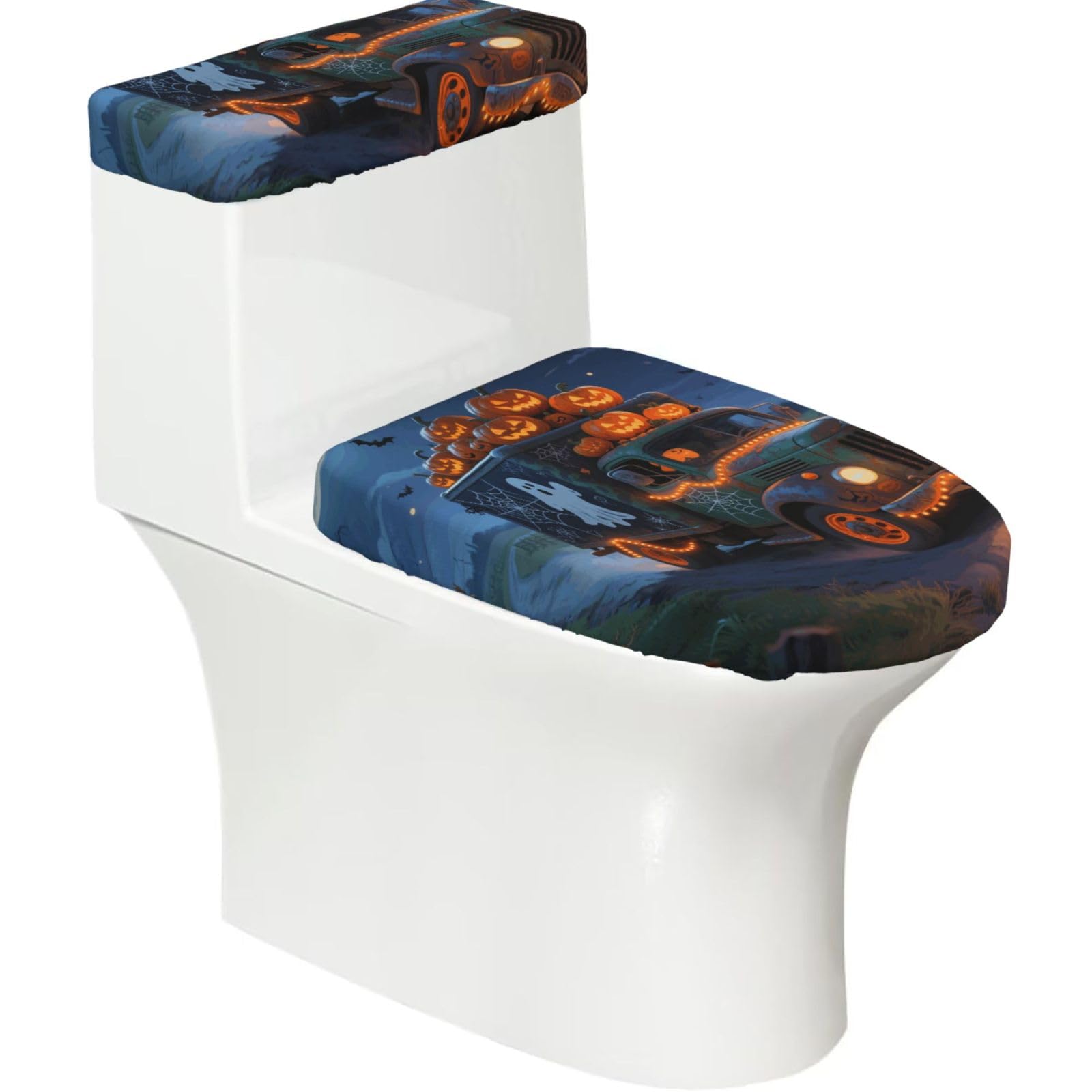 FekiLoot Halloween Truck Toilet Lid Cover and Toilet Tank Cover Set of 2,Dust Splash Resistant Toilet Top Covers Soft Washable Toilet Lid Seat Cover for Bathroom Office Home Decor