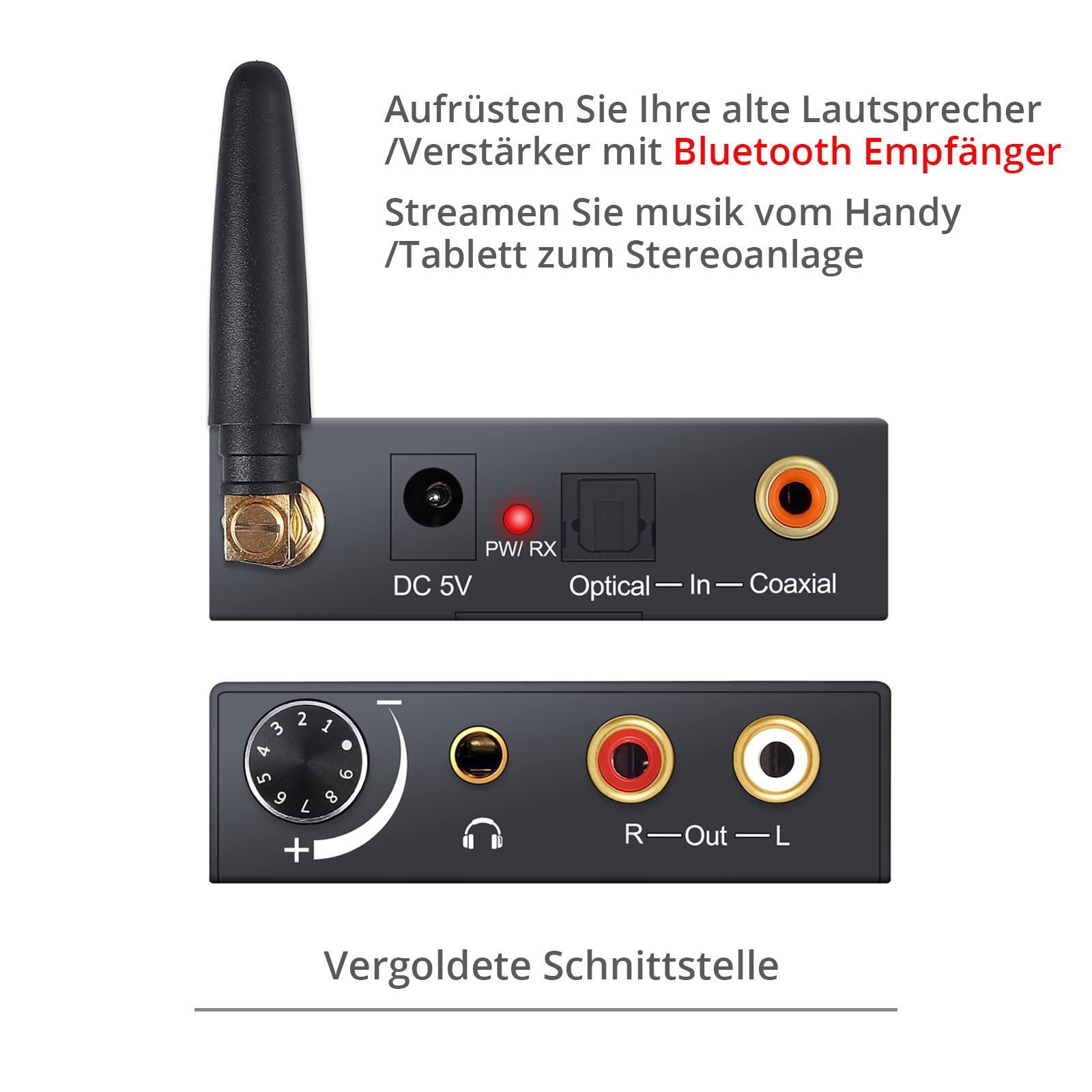 PROZOR Bluetooth Empfänger DAC Optisch Bluetooth Audio Adapter für Stereoanlage Heimkino, Bluetooth Receiver DA Wandler mit Aux Klinke RCA, mit Lautstärkeregler