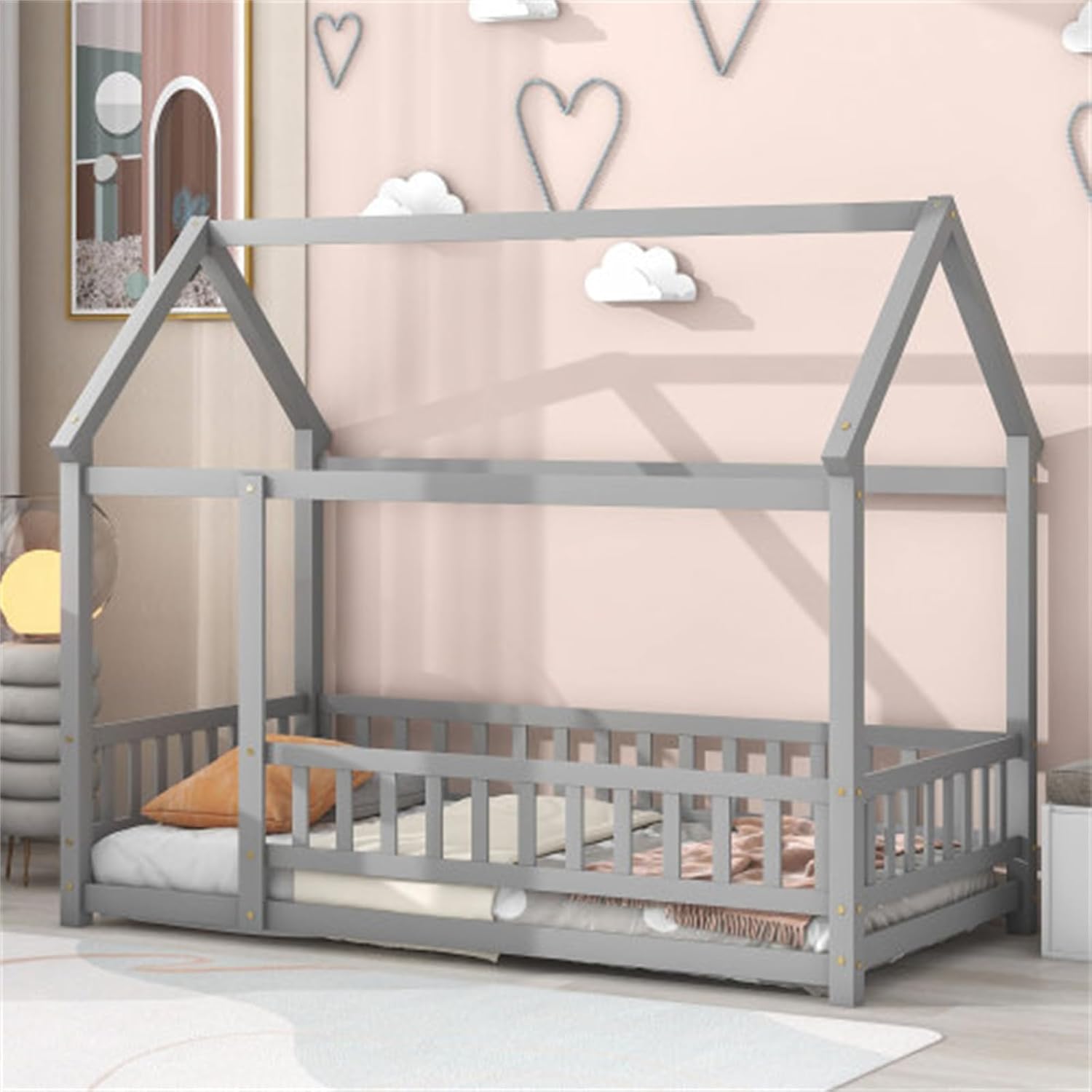 Double Floor Wooden Bed with roof Solid Wood homestay Creative Splicing Frame, Fence guardrail, Gray