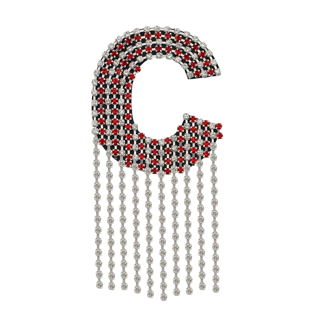 Rhinestone Sew On Patch A-Z Crystal Bead Rhinestone Letter Patch Fringe Alphabet Applique English Letter for DIY Craft Supplies 2pieces (Red C 2pieces)