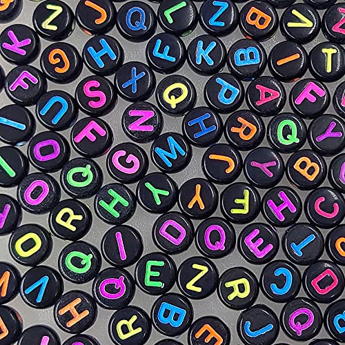 500 Pieces 4x7mm Black Round Acrylic Alphabet Letter Beads A-Z Mixed Plastic Shape Loose DIY Beads for Jewelry Making Bracelets Necklaces Key Chains (Colorful on Black)