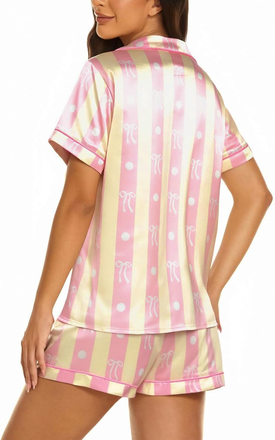 LUKYCILD Women Satin Pajama Set Bow Graphic Pajamas Short Sleeve Button Down Sleepwear 2 Piece Pjs Lounge Short Sets - Image 6