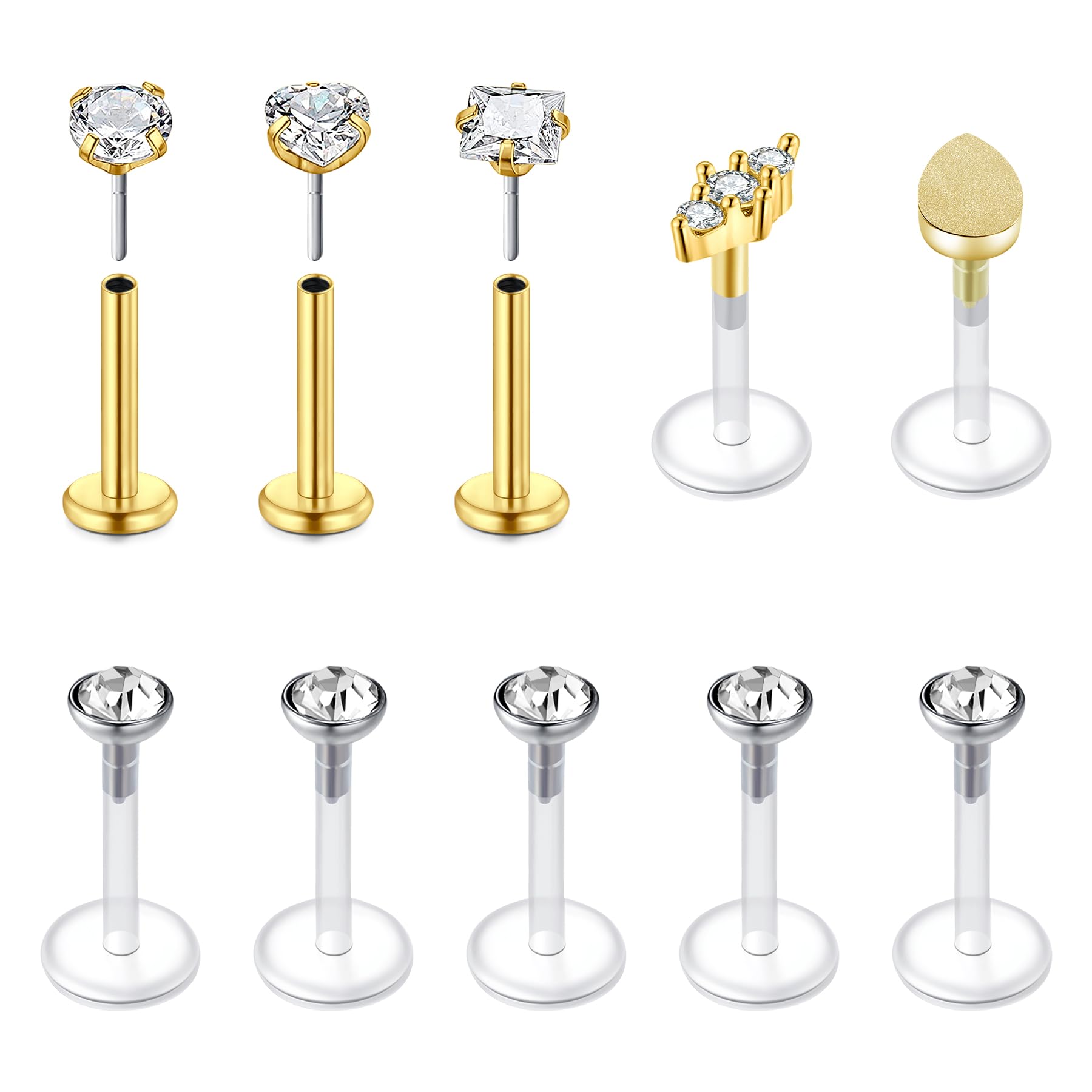 MODRSA 2-4mm CZ 16G Piercing Labret Labio Anillo Piercing Oreja Tragus Helix Stud Barra Piercing Cartílago 6-10mm Acero quirúrgico 9 Piezas