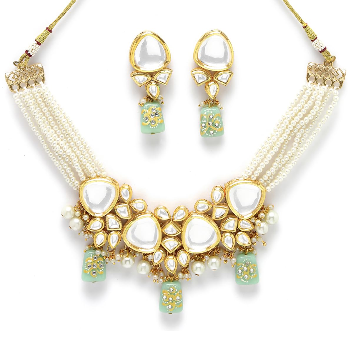 Karatcart Gold Plated Lime Green Tumble Polki Kundan Necklace Set for Women