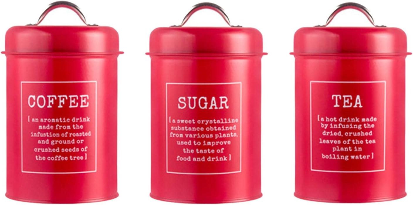 3pc Kitchen Storage Jars Airtight Coffee Tea Sugar Canisters Set Red, Style AO