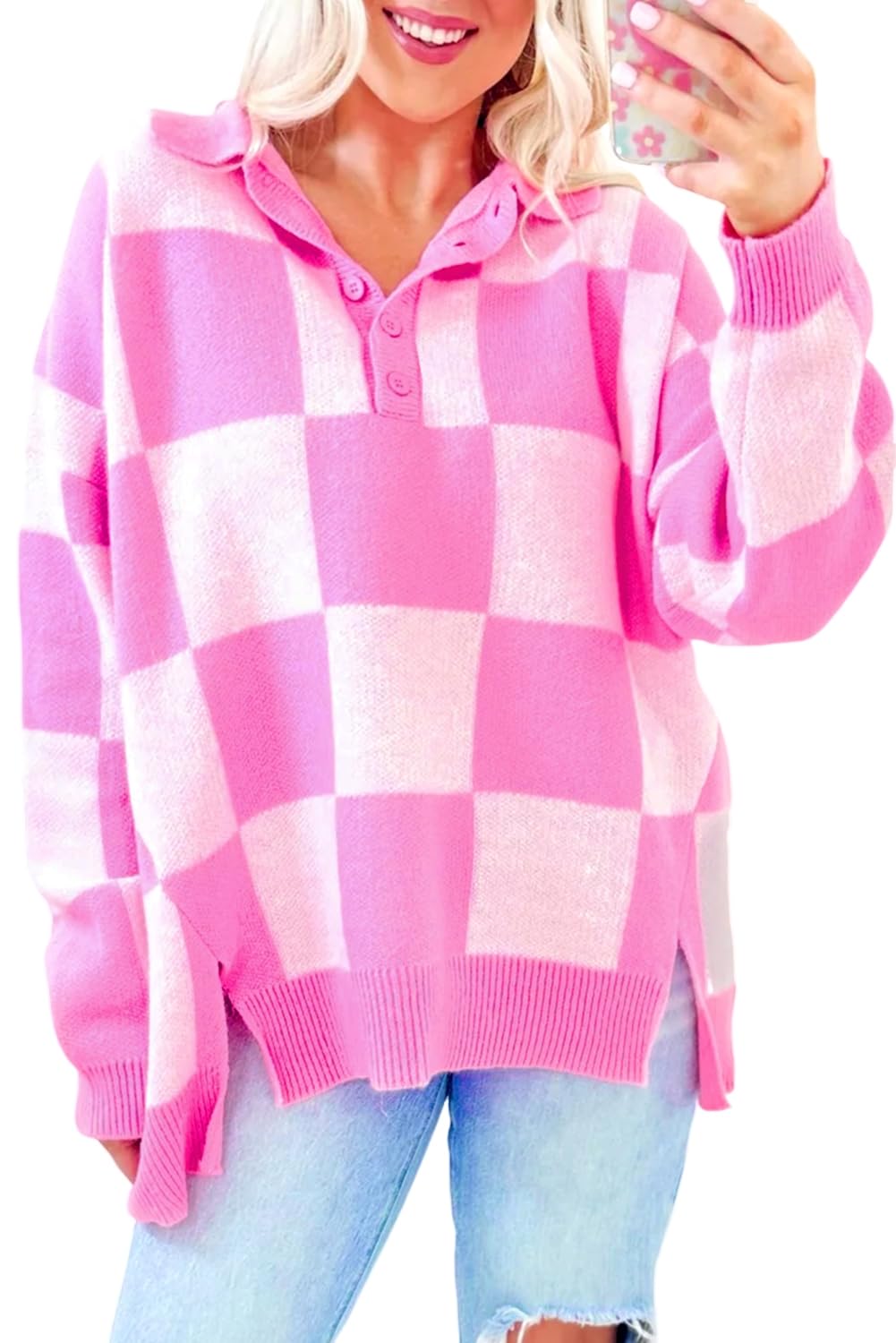 EARKOHA Womens Fall Sweater Pink Checkerboard Half Button Collared Drop Shoulder Sweater