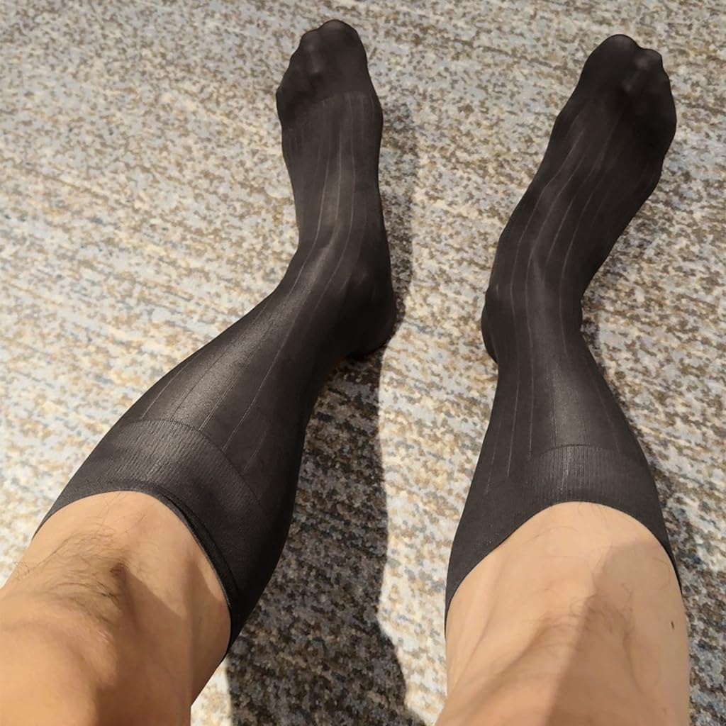 Men's Business Dress Socks Wide Stripe Pattern Reinforced Nylon Fabric Professional Attires Sheer Formal Suit