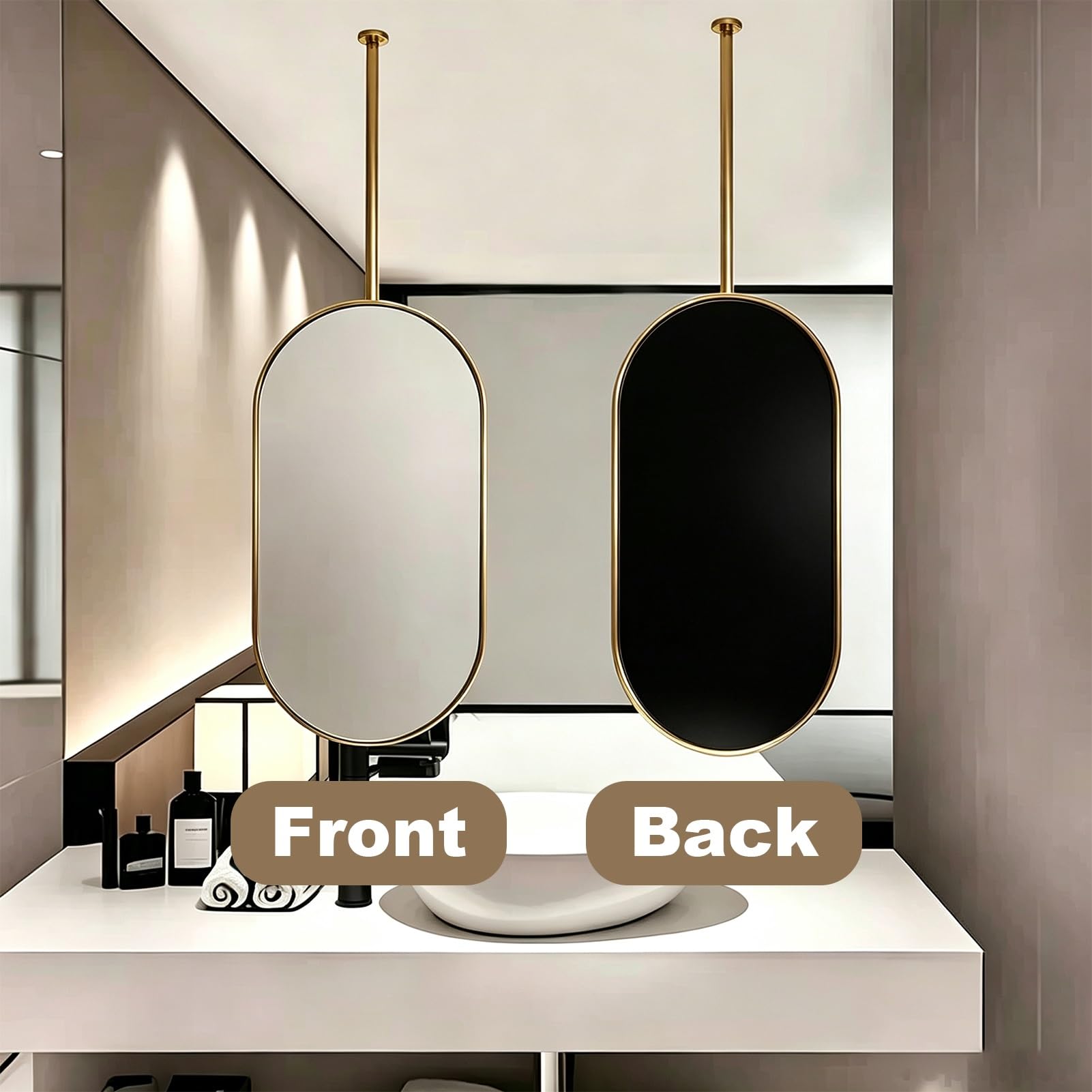 Grande Specchio Da Parete Per Bancone Del Bagno | Set Di Specchi Sospesi A Soffitto Ovale, Specchio Cosmetico Sospeso Con Cornice Dorata Per Camera Da Letto, Hotel(50cmx80cm)