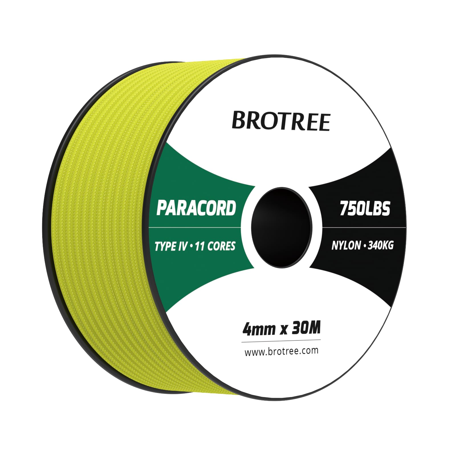 Brotree Paracord 4 mm 750lb Cuerda Nylon 30 M 11 Hebras Tipo IV Cuerda Paracaídas para Supervivencia, Pulseras, Bricolaje - 340 kg Carga de Rotura (Amarillo Neón)