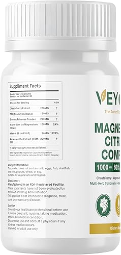 Miniatura 6 de Complejo de citrato de magnesio de 1000 mg 60 cápsulas veganas con casteberry y vitamina B6 Etiqueta limpia a base de plantas Sin OMG Sin gluten