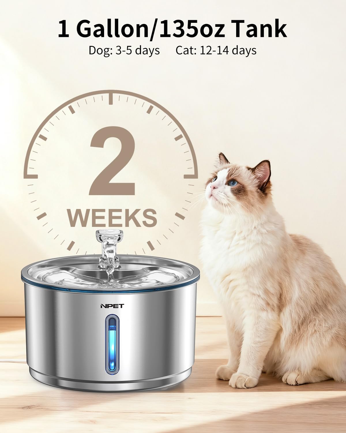 NPET Stainless Steel Cat Water Fountain, 1Gallon/135oz Automatic Pet Drinking Fountain with LED Water Pump - image 2