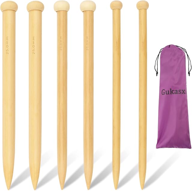 6PCS Jumbo Straight Wooden Knitting Needles with Pouch 35CM Wood Thick Knit for Huge Chunky Yarn Beginners Handmade DIY Fabric Crafts Crochet Scarf Knitting Tools