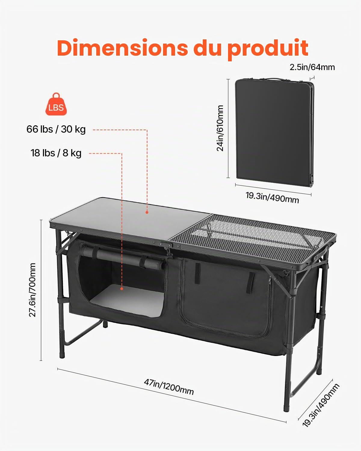 VEVOR Table de Cuisine de Camping, 3 hauteurs réglables, Table de Cuisson extérieur Pliante, Portable et légère, en Aluminium, avec Organisateur de Rangement, pour Barbecue, Pique-Nique, Voyage, Noir