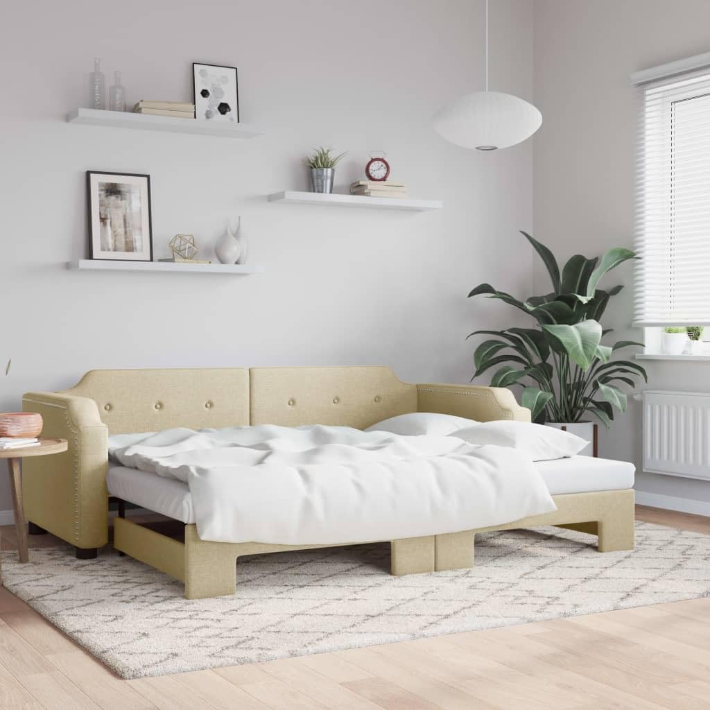 Letto da giorno estensibile in tessuto color crema, 90 x 200 cm, con rete a doghe, telaio in legno massiccio, divano letto imbottito per camera degli ospiti, salvaspazio e confortevole