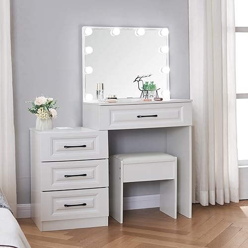 Miniatura 1 de saicheng Tocador moderno con 2 puertos USB y tomas de corriente, juego de tocador blanco con espejo de maquillaje, 10 bombillas, taburete acolchado,