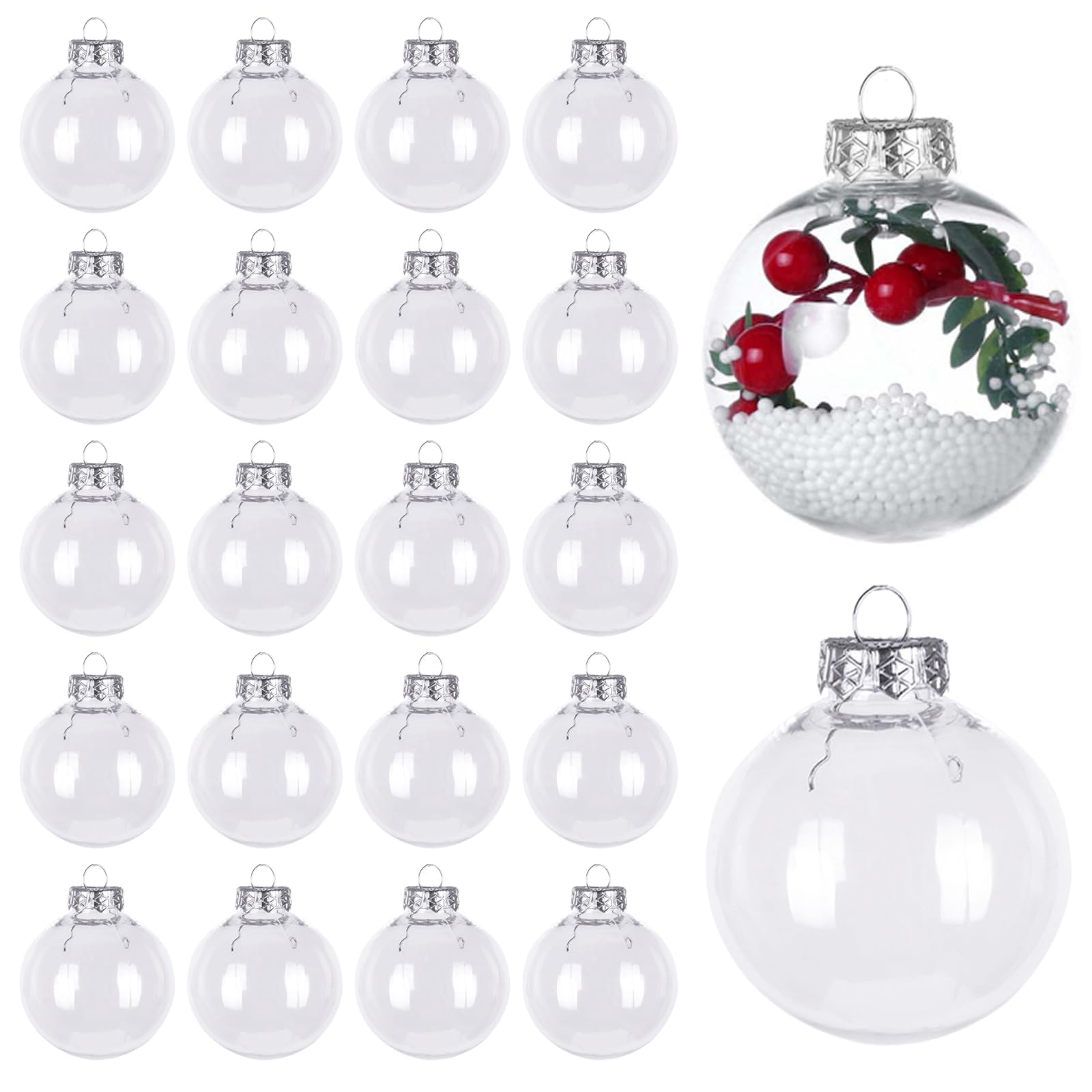 Fairblo 20Pcs Clear Baubles to Fill, 6cm Clear Plastic Baubles for Craft, Fillable Bauble, Xmas Ornaments Balls, Empty Christmas Bauble for Xmas Tree Decor Wedding New Year Party Decor