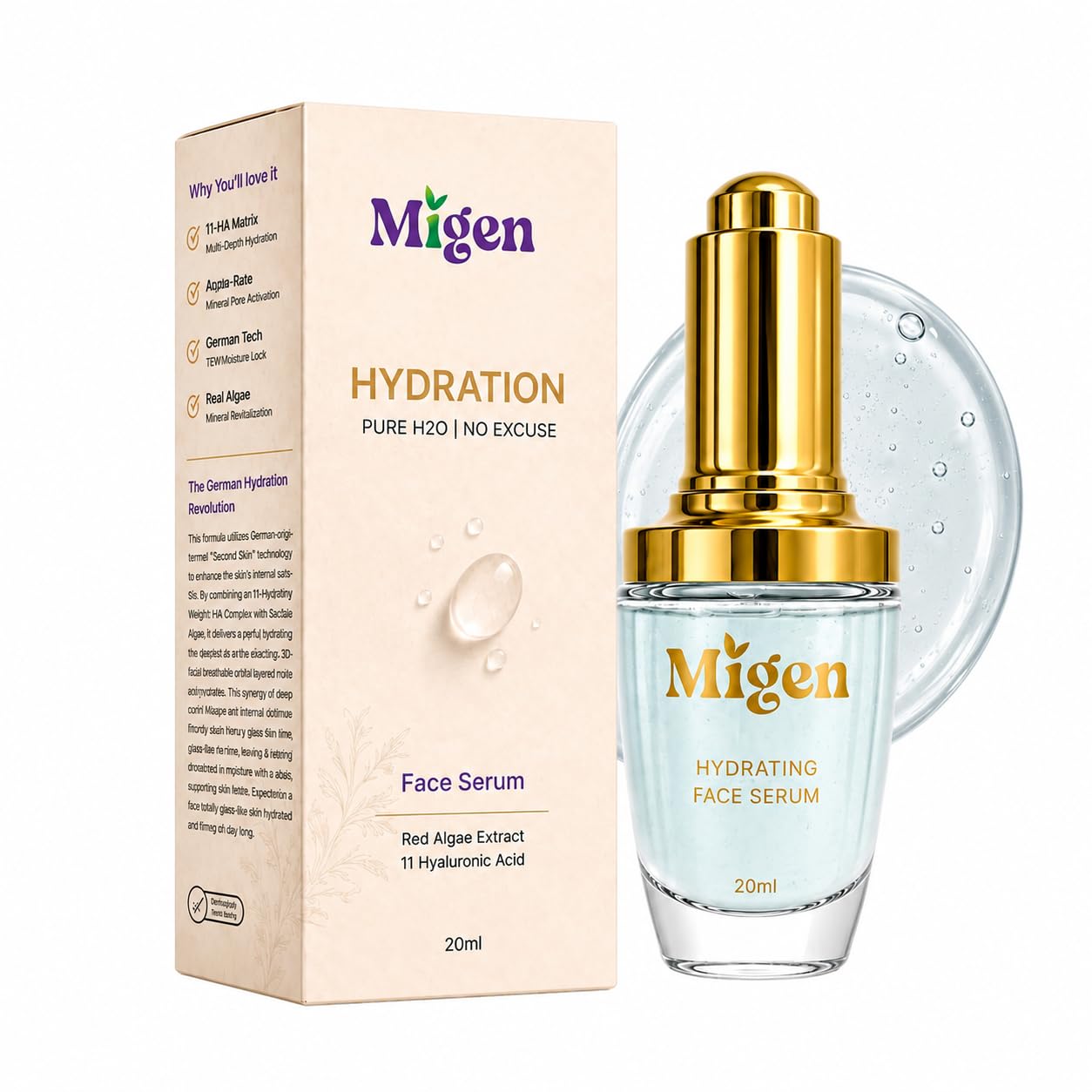 Migen Patented German Technology Hydration Face Serum for Daily Use | Unique Cloud Texture Formula with 11 Hyaluronic Acid Complex & Red Algae | 72 HR Multi-Depth Saturation & Internal Flow Activation | All Skin Types | 20ml