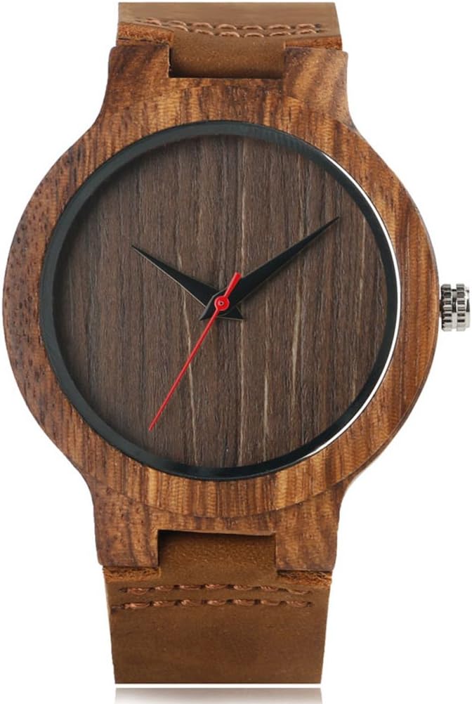 Creative Wood Watch Mens Analog Minimalist Genuine Leather Band Strap Bamboo Nature Wood Wrist Watch (Brown)