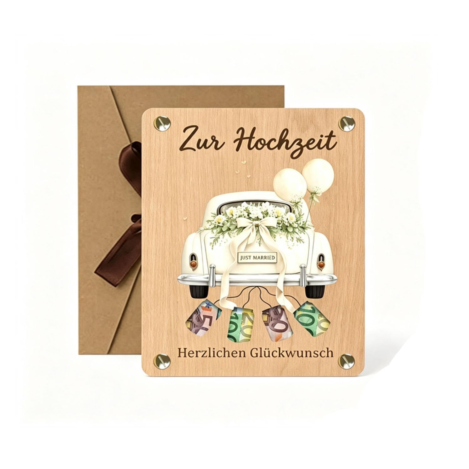 13 x 10 cm Biglietto Auguri In Legno, idealny na gratulacje ślubne | Ozdoba samochodu dla nowożeńców z drewnianą kopertą, romantyczny styl i pełna miłości