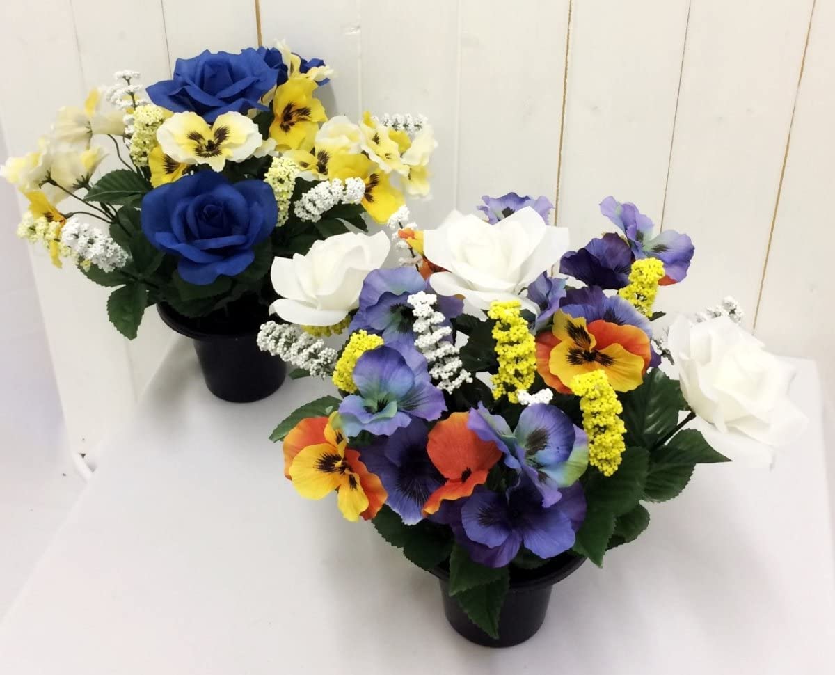 Florelle Blue Pansy/Rose Artificial Grave Flower Arrangement In Pot /Yellow (Pair)