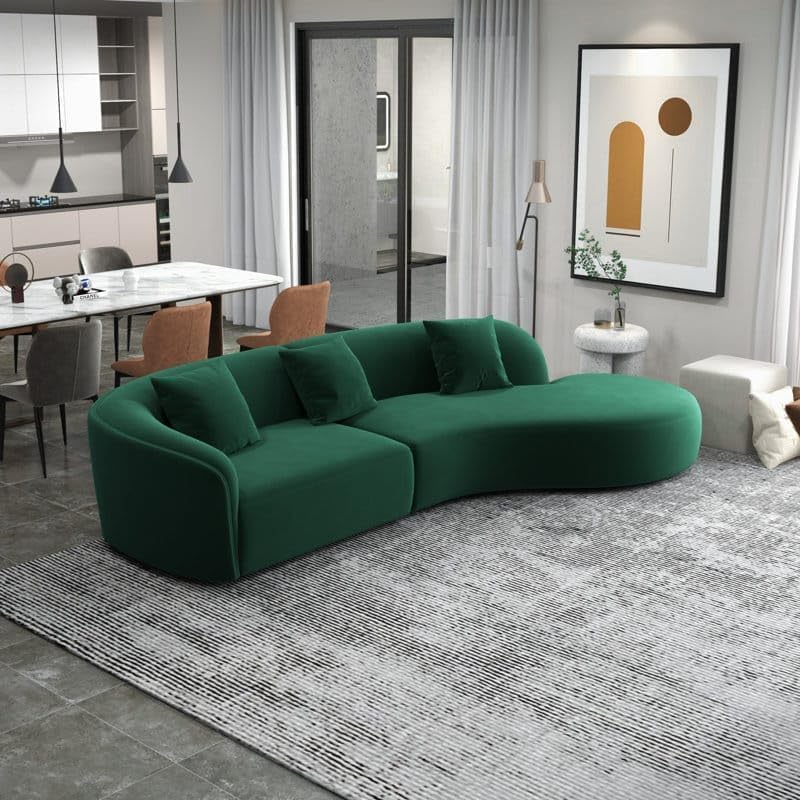 Image of 110.24 inch Modern Futuristic J- Style Curved Velvet Sofa, Sectional Sofa Round Arm with Soft Pillow for Living Room, Bedroom, Hallways (Green)