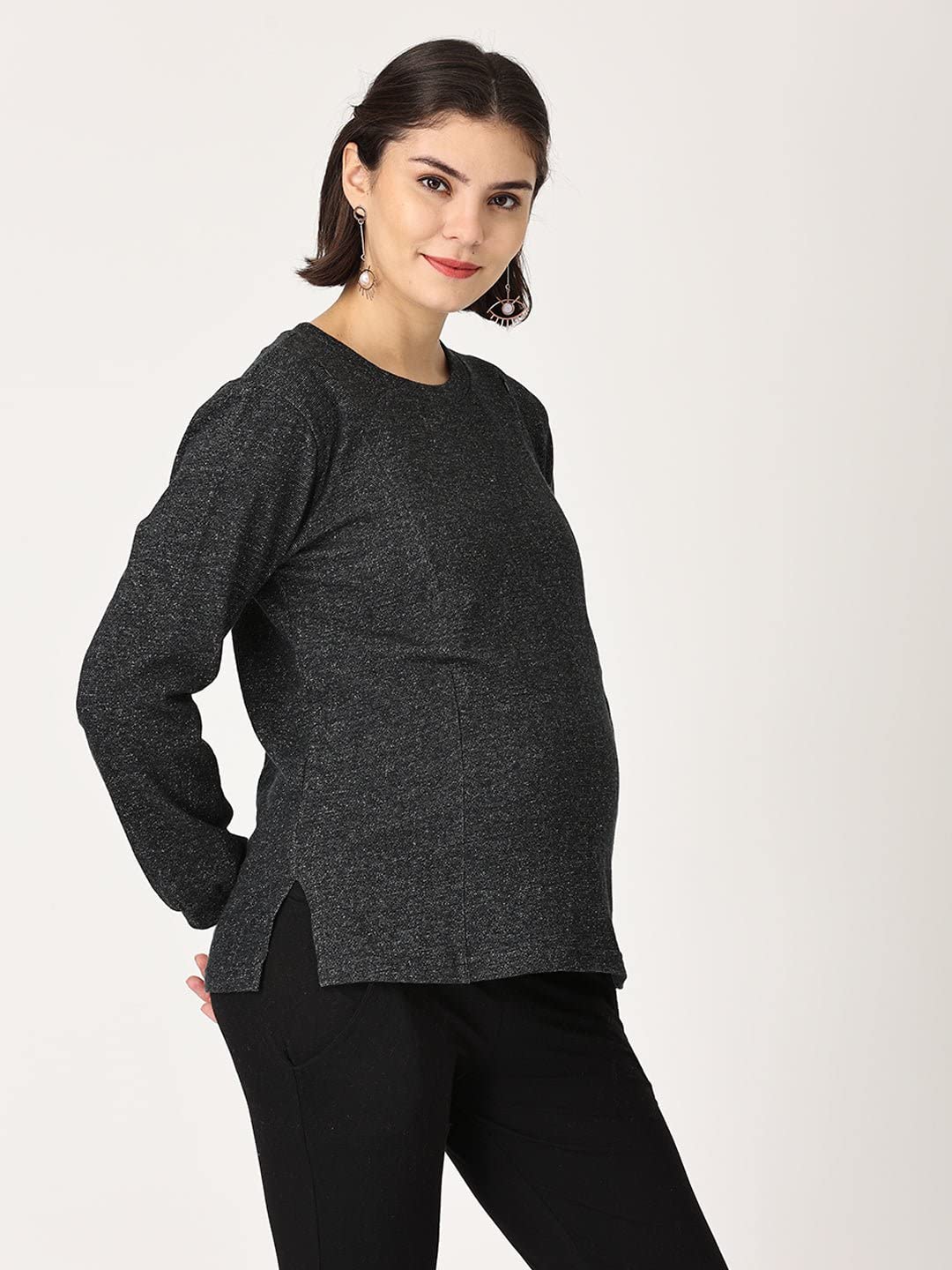The Mom Store Maternity and Nursing French Terry Shimmered Sweatshirt | Concealed Zippers for Breastfeeding | Pre/Post Pregnancy | Black |M| 3
