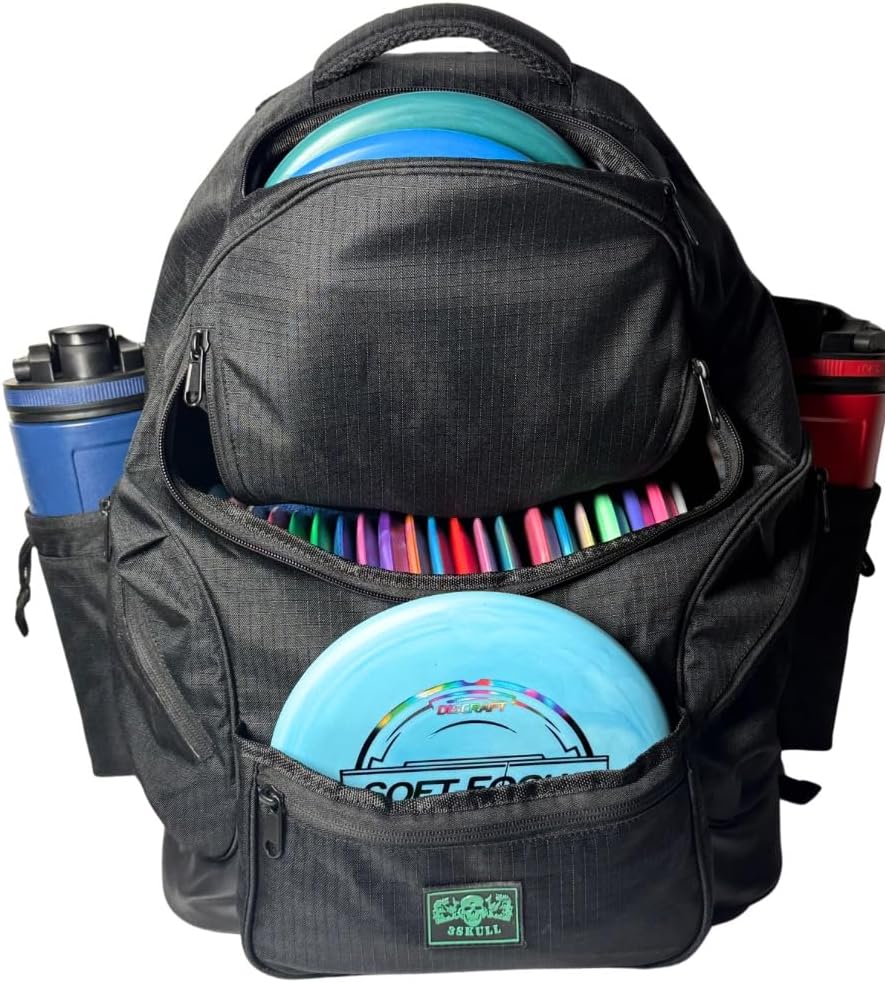 3Skull Disc Golf Bag SK2-30+ Disc Capacity - Ripstop - 5 Storage and 2 Water Bottle Pockets - Frisbee Disc Golf Backpack - Black