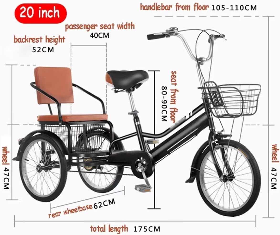 Elderly Tricycle,Adult Rickshaw Pedal Tricycle,Leisure Mobility Vehicle,16inch/20inch Tandem Trike with Rear seat,Sensitive Dual Brakes,Scooter Bike (Black 20inch)