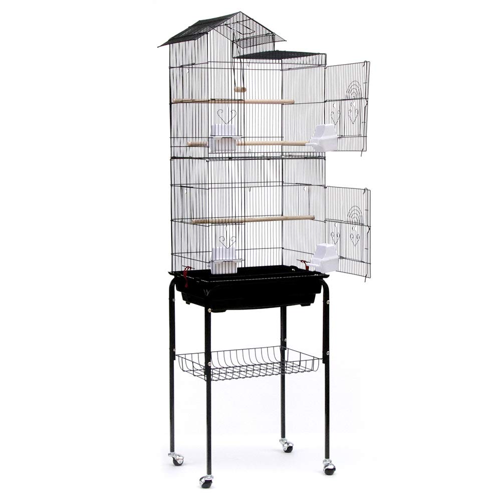 Jaula para pájaros, 4 ruedas giratorias, jaula grande de metal para pájaros, soporte desmontable, claraboya abierta, 46 x 35,5 x 158,5 cm, color negro