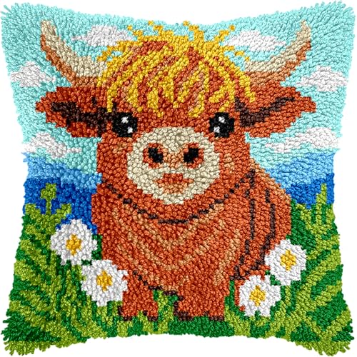Image of veirousa Highland Cow Latch Hook Kits for Adults Beginners, Pre-Printed Animal Latch Hook Pillow Kit, Craft Rug Making Kits, DIY Embroidery Cushion for Home Sofa Decor & Gift Idea 17x17 in.