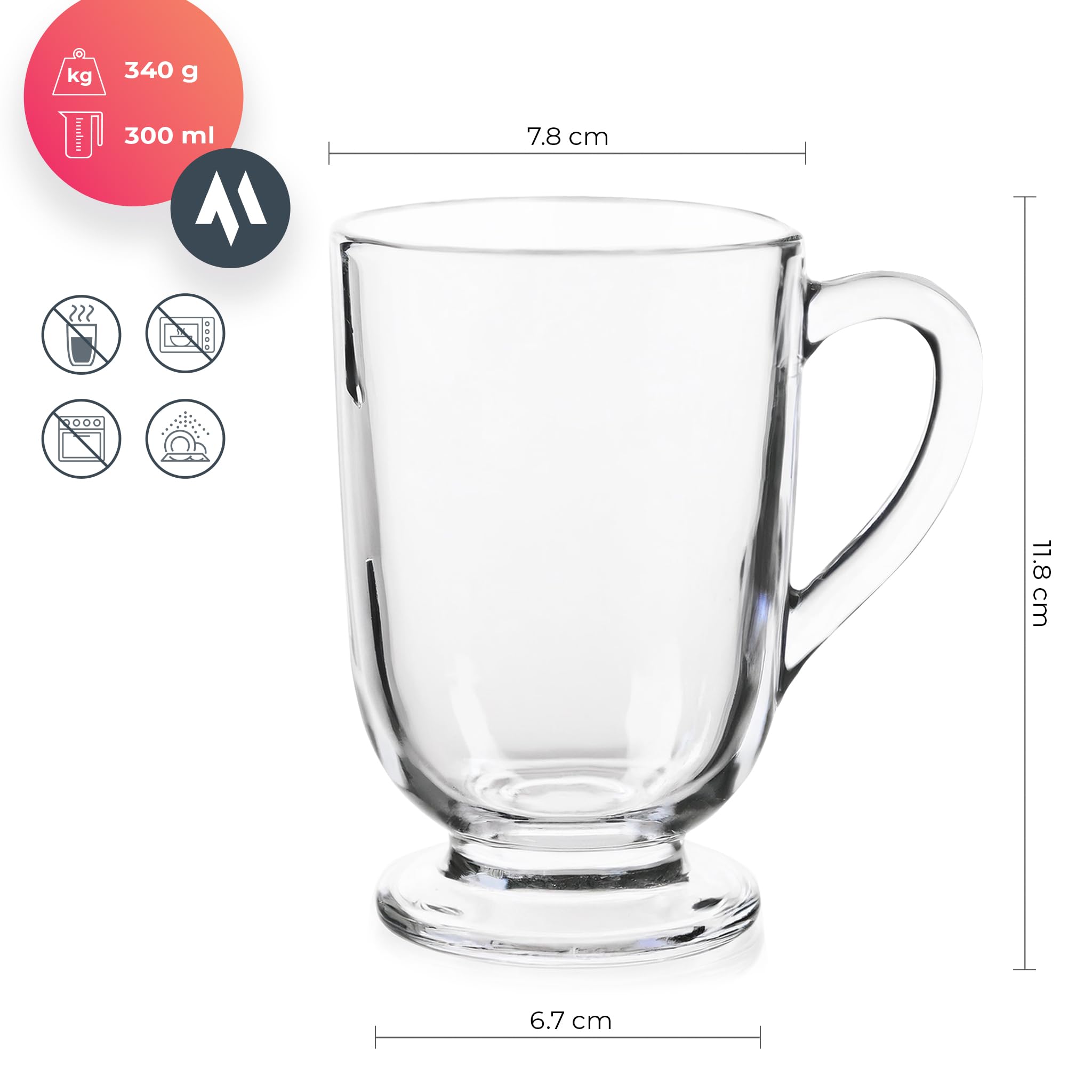 OMAGO® 6x Szklanki do Herbaty z Uchwytem - 300 ml Szklanka do Kawy ze Szkła - Solidne Szklanki Herbaty, Soków lub Latte