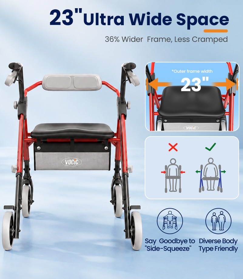 Image of VOCIC Z11 Rollator Walkers for Seniors with Seat, 500 LBS Load, Ultra Wide | High-capacity support, 23 inch wide frame, ergonomic seat, dual brakes, and slim fold for home, shopping & daily walks, Red