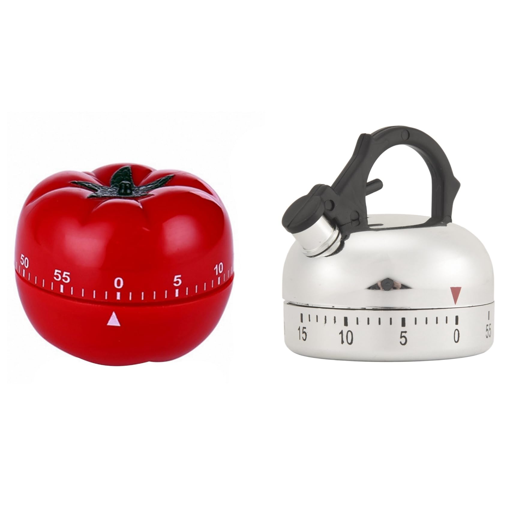 Oewwthy Silver & Red 2Pcs 60 Minute Counting Teapot/Tomato Shaped Kitchen Cooking Alarm Clock Timer Mechanical