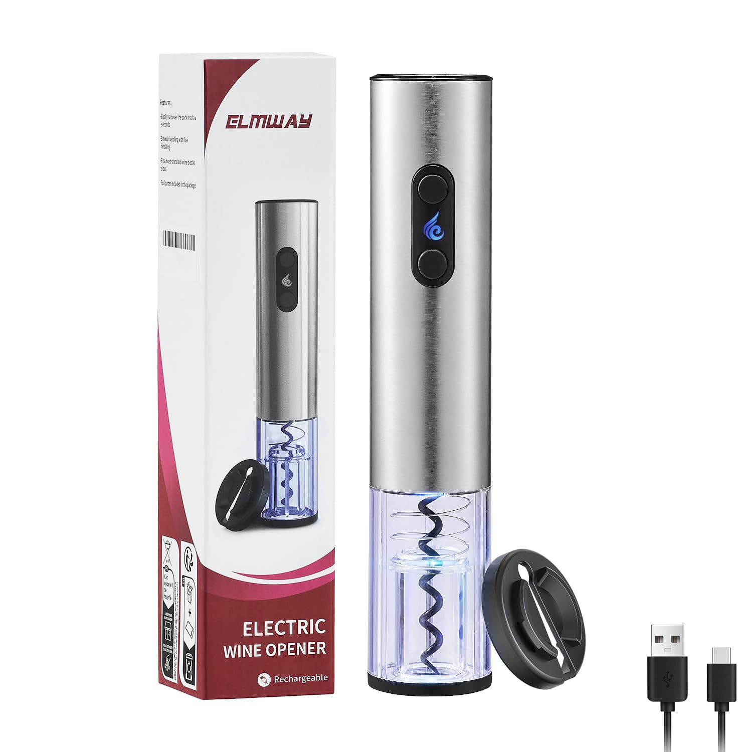 ELMWAY VinoLux Series Rechargeable Electric Wine Opener – Electric Corkscrew with Dual LED Lights, Brushed Stainless Steel Body & Foil Cutter — image 1