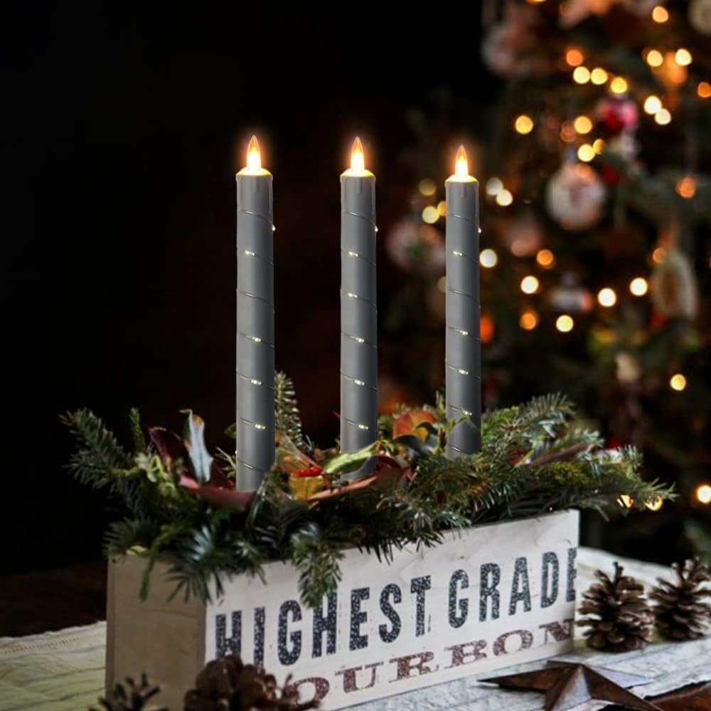 Da by Window Candle, Flickering Flameless Candles with String Lights, Battery-Powered Candles, Recessed LED Candles, Set of 3 (Grey)