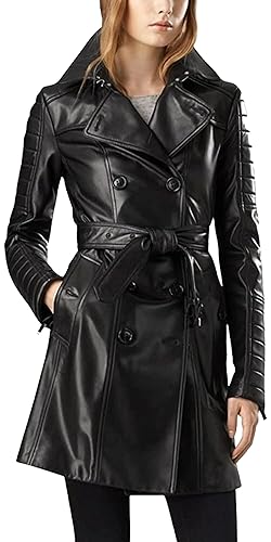 HiFacon Damen Mode Outdoor Ledermantel Langer Trenchcoat Schwarz Leder Übermantel Jacke - L - Schwarz - Kunstleder