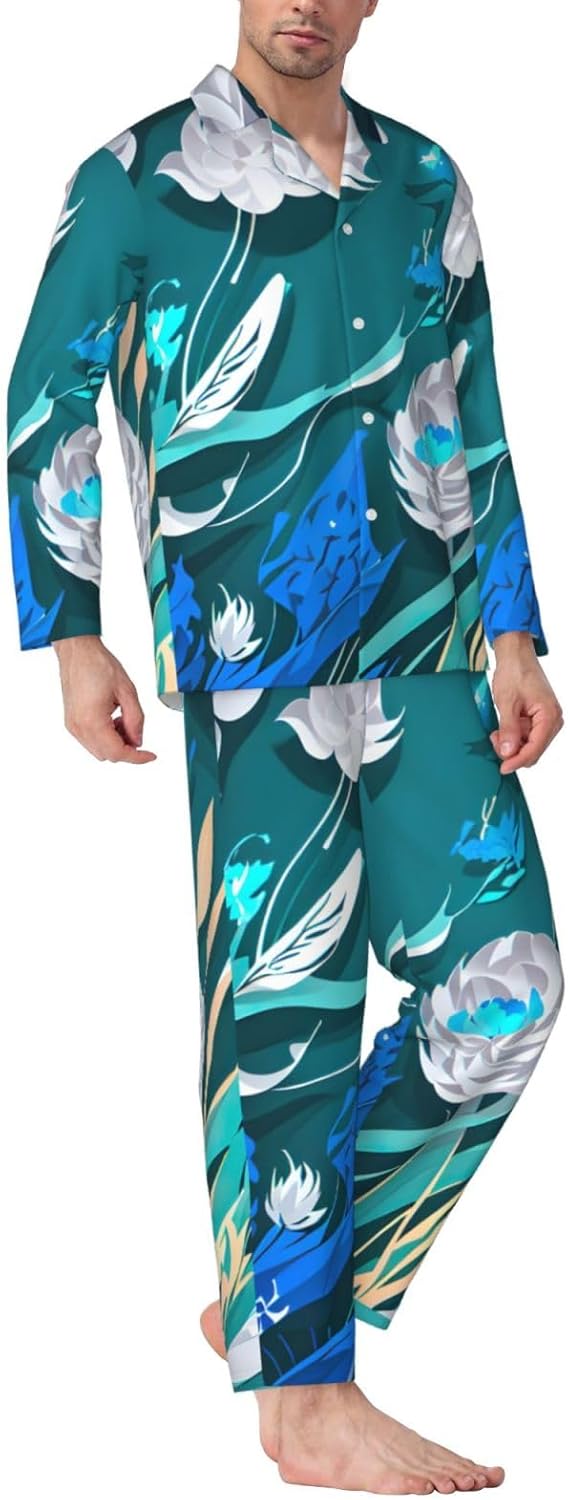 Blue Fly Dragonfly Print Luxurious Mens Pajamas Set,Breathable Pajamas Set,Perfect For Lounging Bed,Sofa