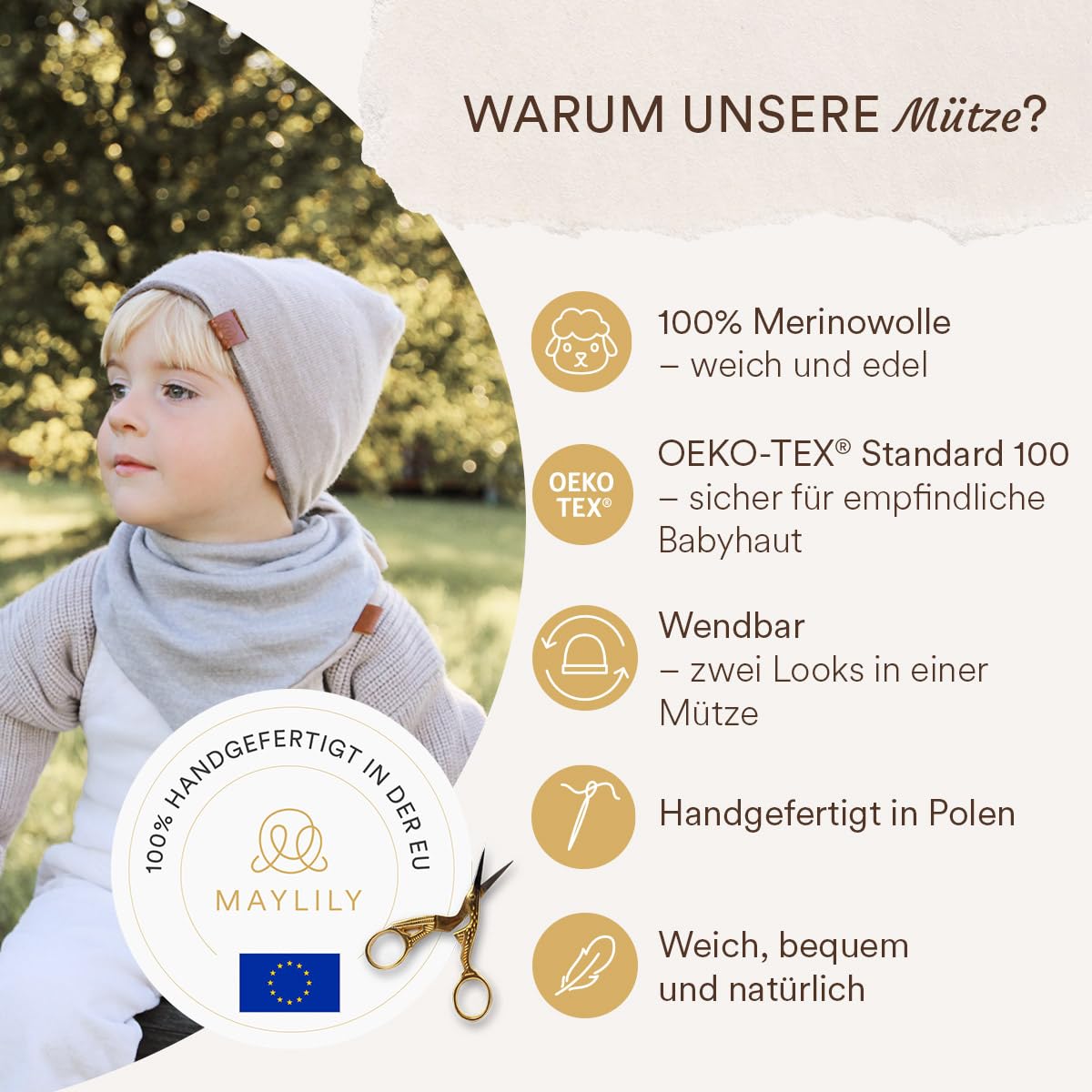 MayLily Merino Baby mütze - Doppelseitige Beanie aus 100% merinowolle - Hergestellt in EU – Handgefertigt – Hypoallergen – Temperaturregulierend für Sommer und Winter