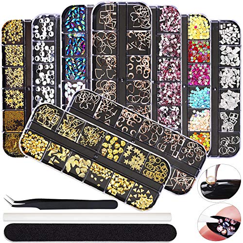 EBANKU 9 Boxes Nail Art Rhinestones Nail Art Crystal Nail Jewels Nail Diamonds Nail Studs Gems Nail Sequins with 1 Pc Pick Up Tweezers 1 Pc Wax Pens 1 Pc Nail Files for Nail Art Supplies Accessories