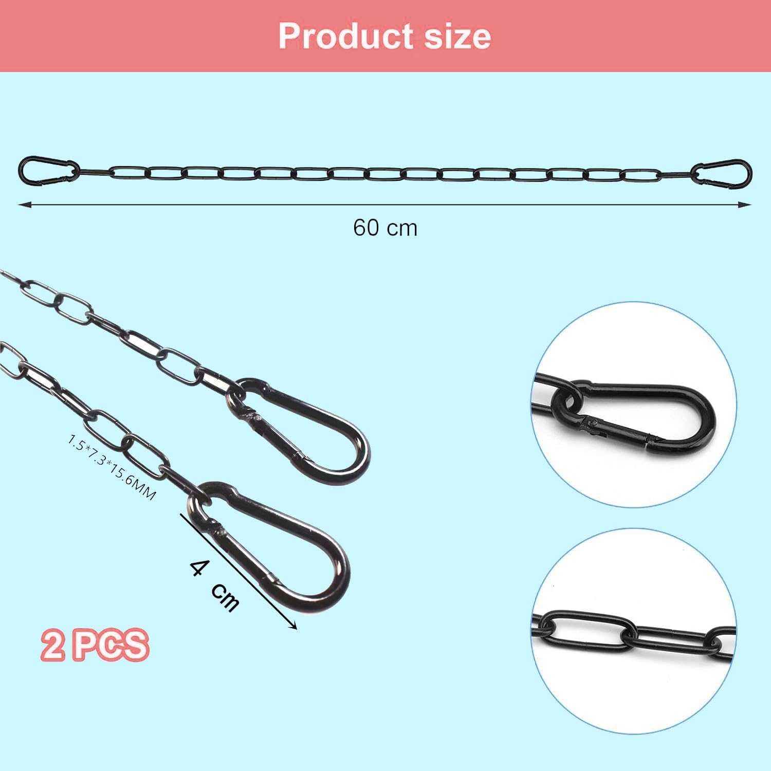 2 Pezzi Catena in Acciaio Inox Nero,Lunghezza 60 cm,Catena a Maglie in Acciaio Inossidabile,per Appendere Recinzioni,Cancelli da Giardino,Altalene,Lampadari e Altre Applicazioni Domestiche