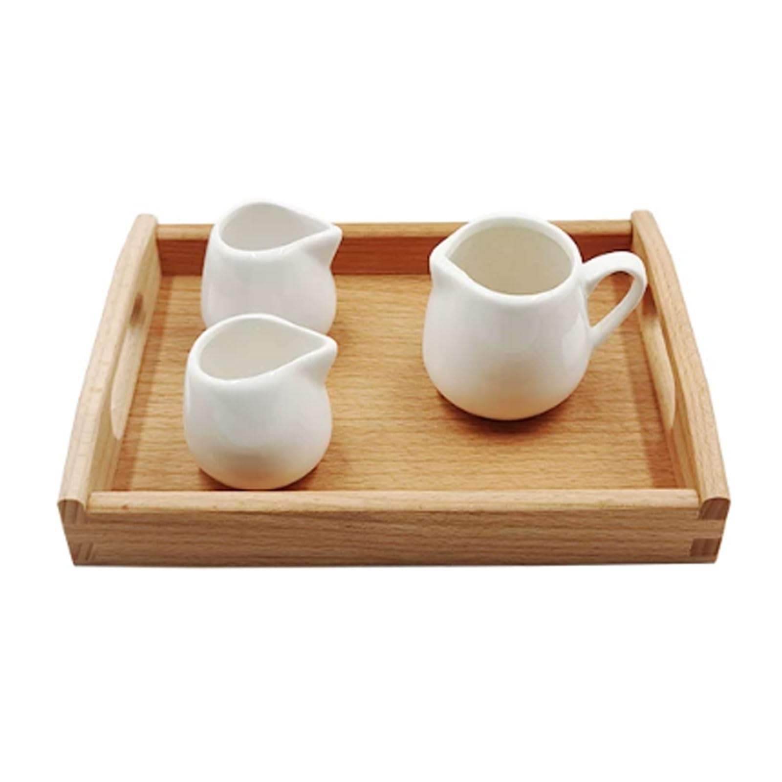 ttnmrc Montessori 3-Pitcher Pouring Set, Ceramic Pitchers with Wooden Tray, Fine Motor & Hand-Eye Coordination Learning Tool