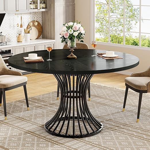 Tribesigns 120 cm Round Dining Table for 4-6 People, Farmhouse Kitchen Table with Sturdy Metal Base, Ideal for Small Spaces, Breakfast Nook, Living Room, Rustic Brown (Black)