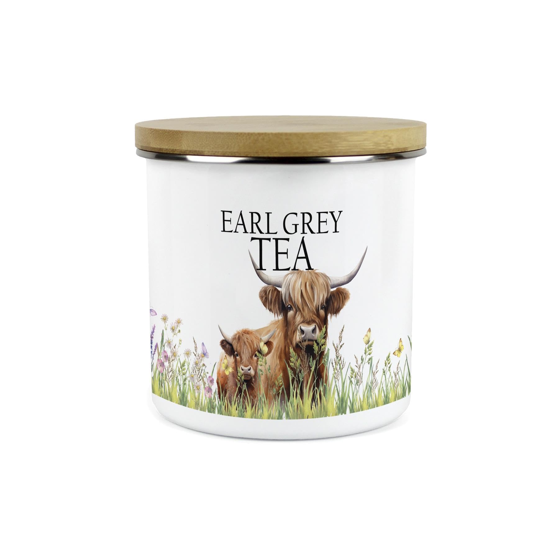 Purely Home Highland Cow & Calf Earl Grey Tea Storage Canister - Countryside Farm 1.2L Large Metal Enamel Kitchen Storage Container — image 1