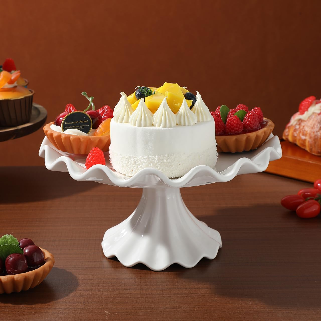 PRETYZOOM Ceramic Cake Stand 9.45 Inch Wavy Edge Pedestal Cupcake Stand for Parties Weddings Birthdays Elegant Ceramic Serving Tray Dessert Display